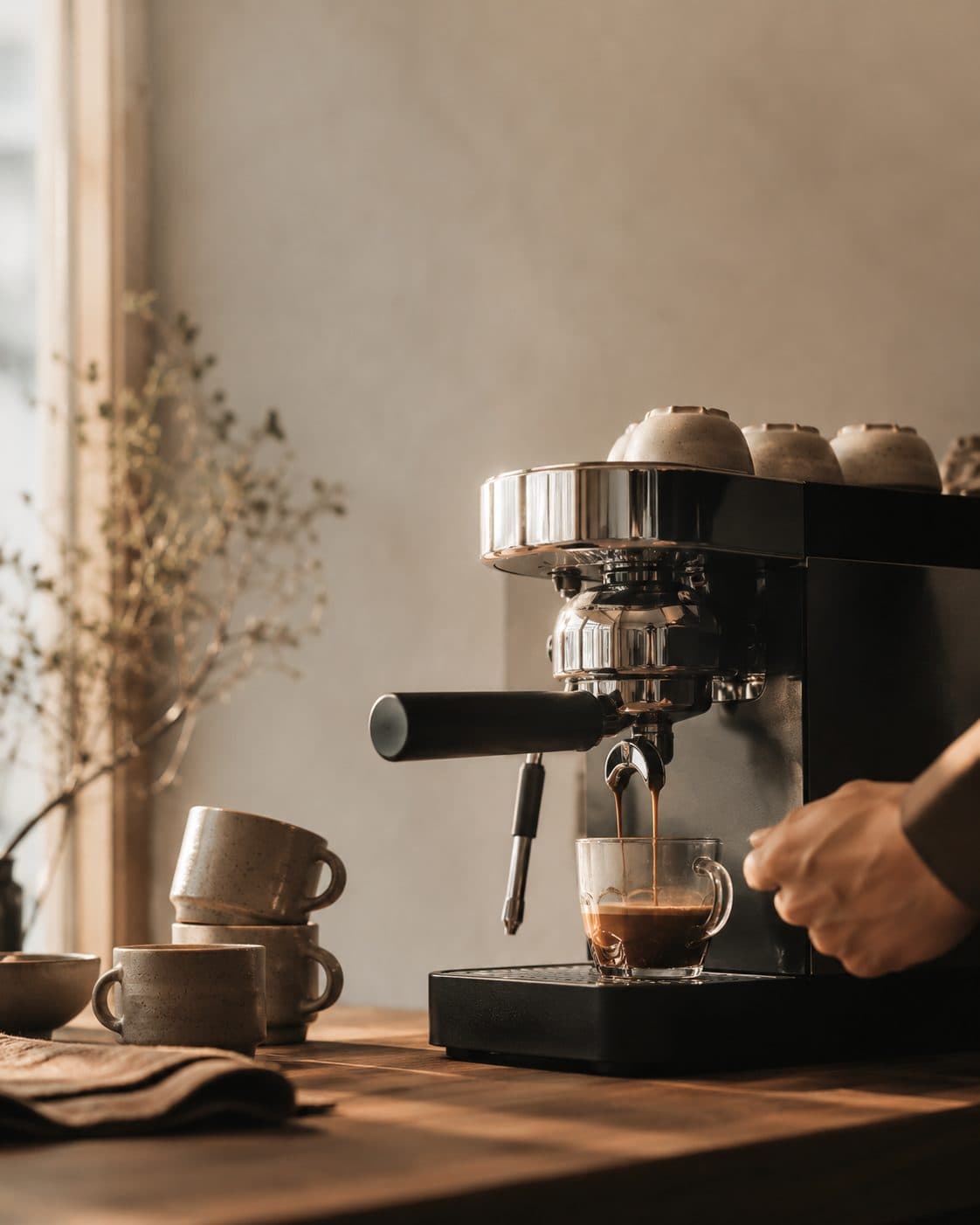 Barista handing a coffee across a busy café counter